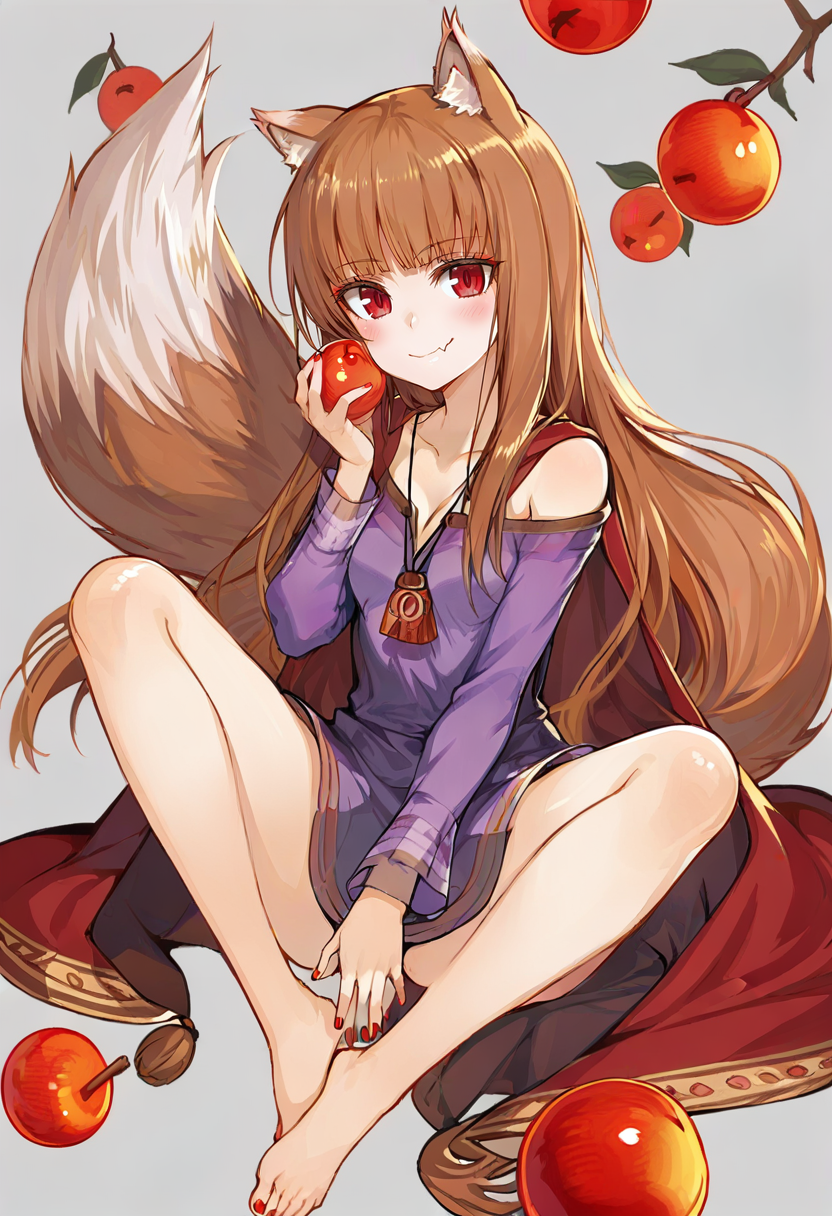 01676-2456385074-1girl,holo,spice and wolf,animal ears,apple,barefoot,blunt bangs,breasts,brown hair,cape,closed mouth,collarbone,dress,fang,fang.png
